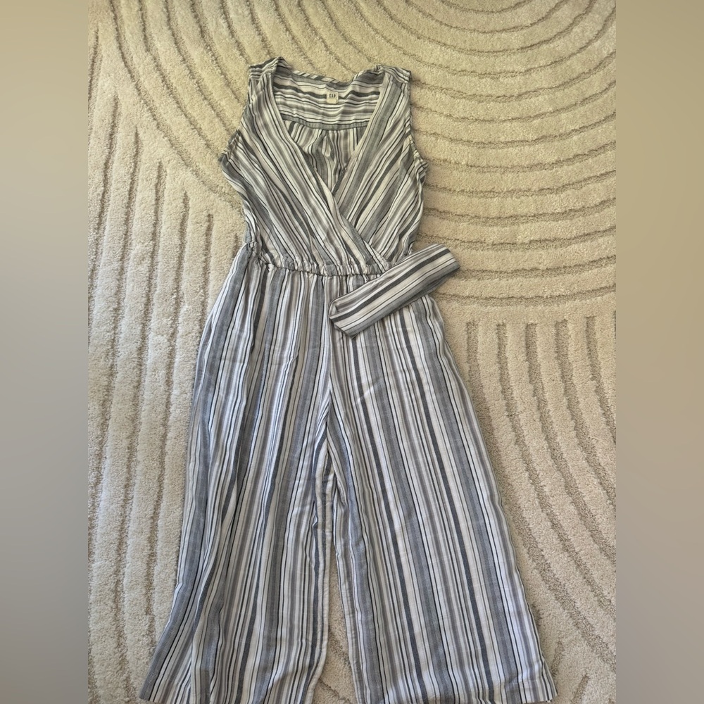 GAP Black and White Striped Jumpsuit with V-Neck